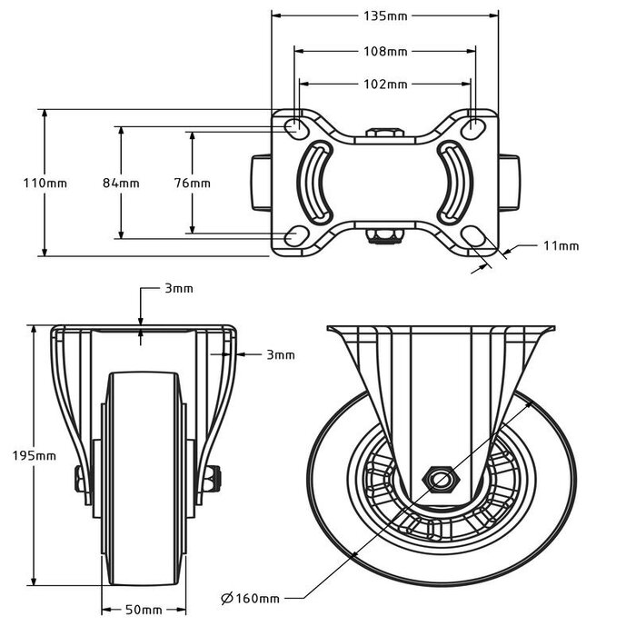 Rubber bokwiel 160 mm - kogellager - 350 kg
