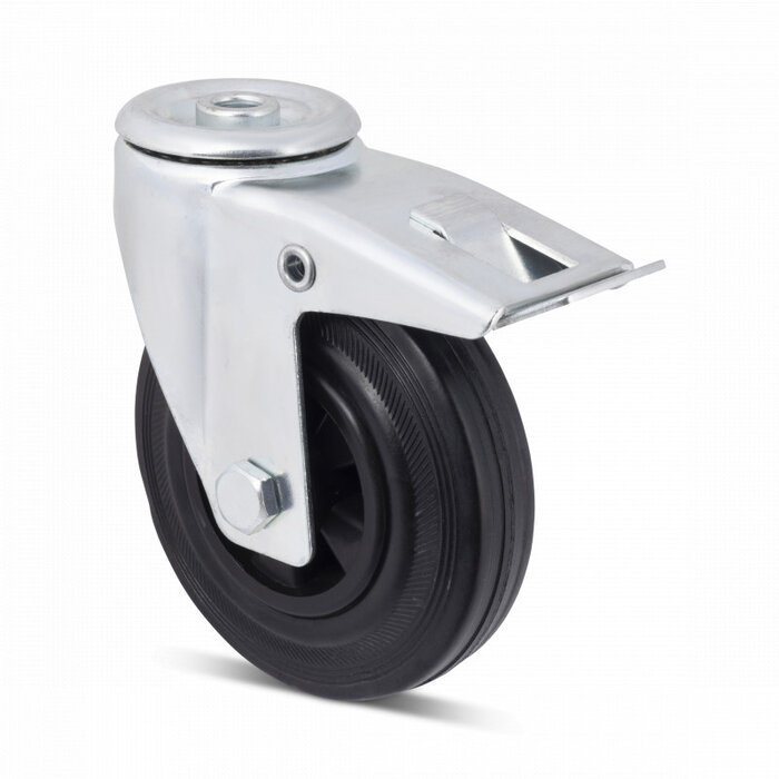 Rubber zwenkwiel met rem 125 mm - rollager - 100 kg