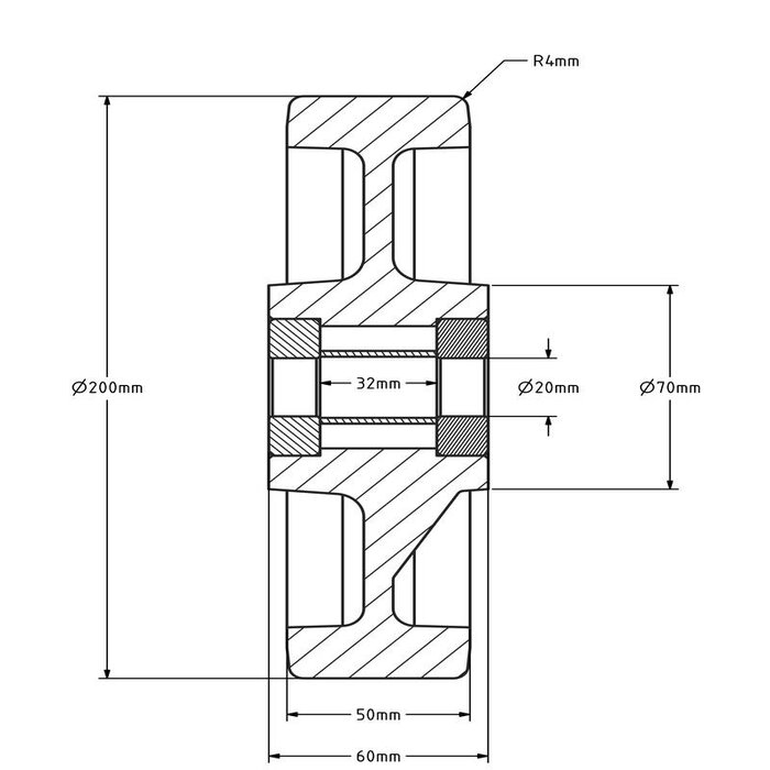 PU wiel 200 mm - kogellager asgat 20 mm - 1000 kg