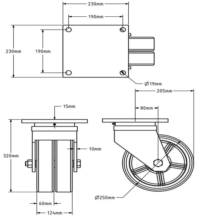 PU zwenkwiel 250 mm - kogellager - 2800 kg