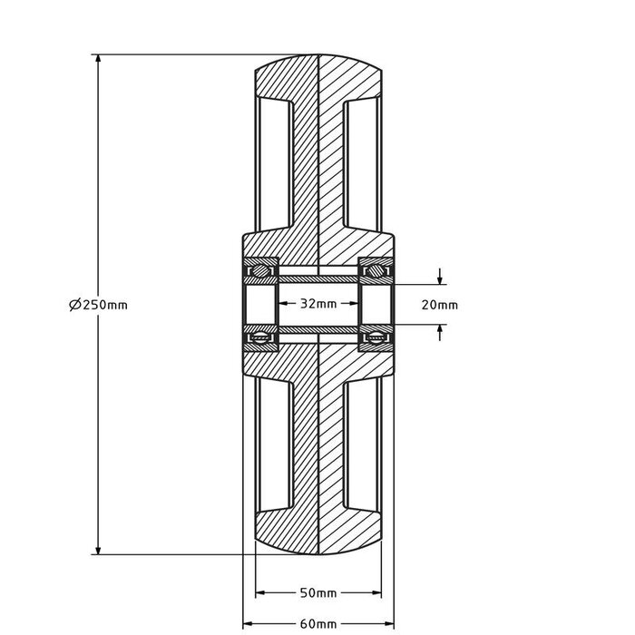 Nylon wiel 250 mm - kogellager asgat 20 mm - 1200 kg