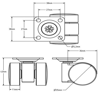 Zwart meubelwiel 35 mm - plaat - 50 kg