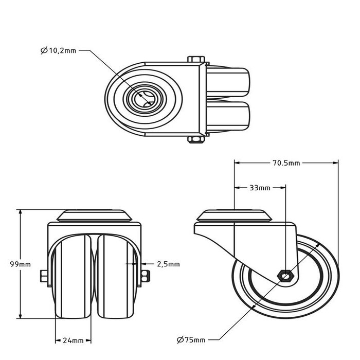 Dubbel zwenkwiel 75 mm - kogellager - boutgat - 120 kg
