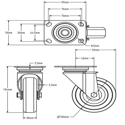 Rvs zwenkwiel 100 mm - Rubber - 80 kg
