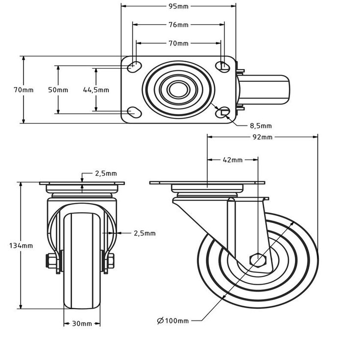 Rvs zwenkwiel 100 mm - Rubber - 80 kg