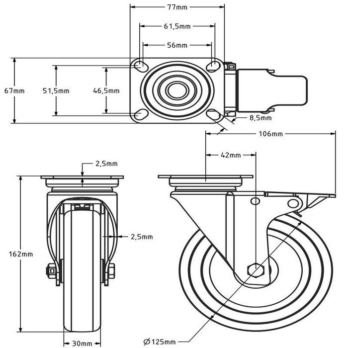 Rvs zwenkwiel met rem 125 mm - Rubber - 100 kg