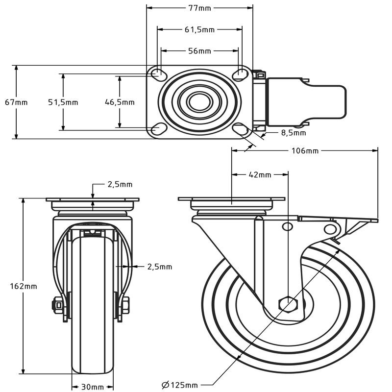 Rvs zwenkwiel met rem 125 mm - Rubber - 100 kg