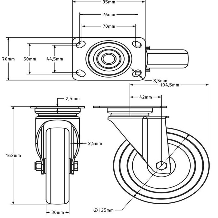 Rvs zwenkwiel 125 mm - Rubber - 100 kg