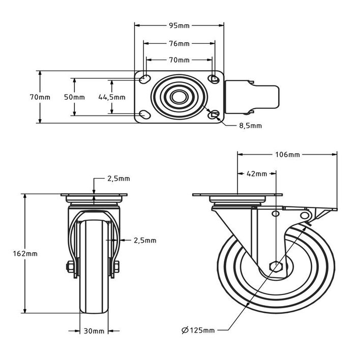 Rvs zwenkwiel met rem 125 mm - Rubber - 100 kg