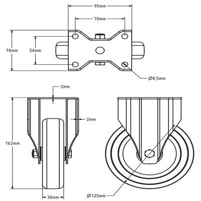 Rvs bokwiel 125 mm - Rubber - 100 kg