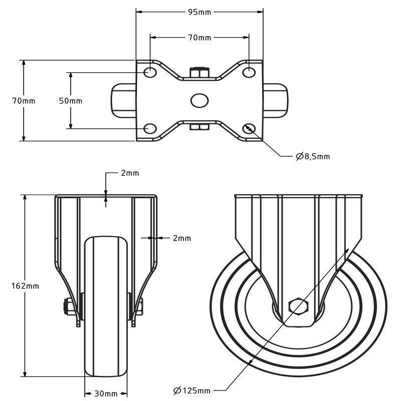 Rvs bokwiel 125 mm - Rubber - 100 kg