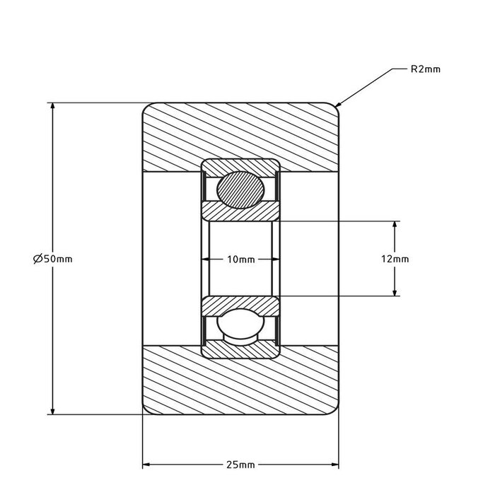 Geleiderol 50x25 mm - polyurethaan - 110 kg