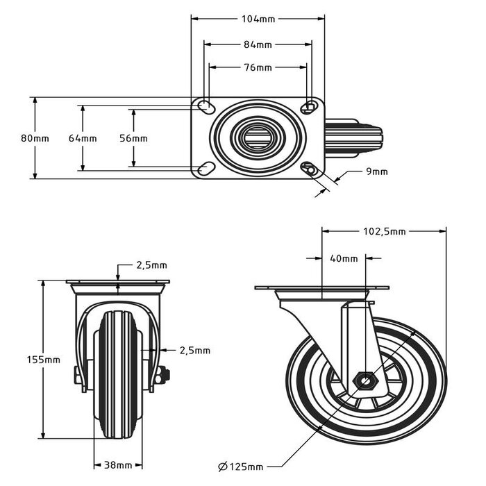 Rubber zwenkwiel 125 mm - rollager - 100 kg