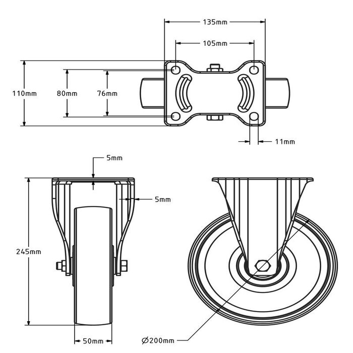Nylon bokwiel 200 mm - kogellager - 800 kg