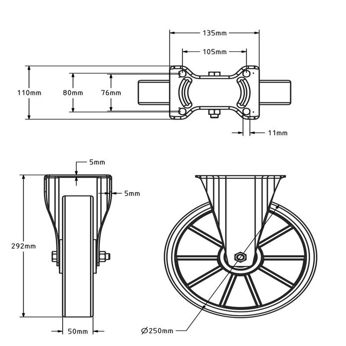 PU bokwiel 250 mm - kogellager - 1000 kg