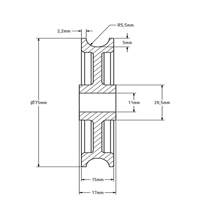 Kunststof kabelschijf 75 mm met U groef - 75 kg