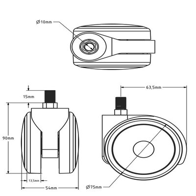 Zwart meubelwiel 75 mm - M10 - 75 kg
