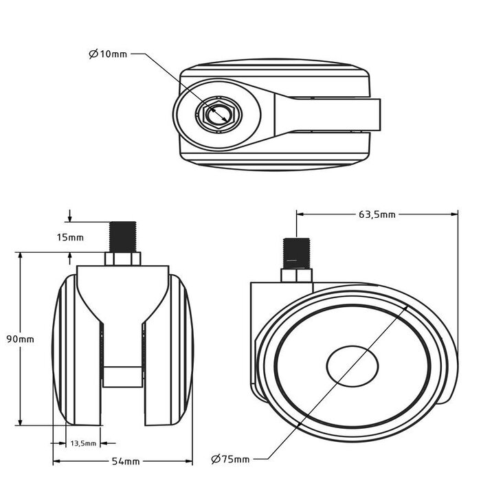 Zwart meubelwiel 75 mm - M10 - 75 kg