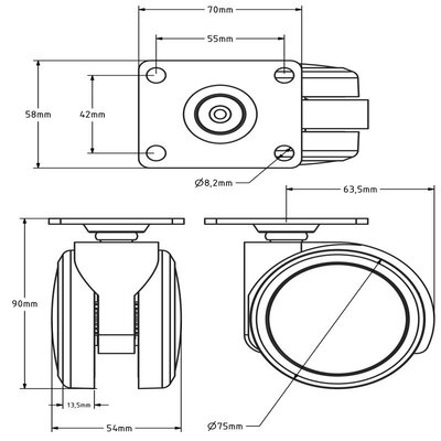 Zwart meubelwiel 75 mm - plaat 70x58 mm - 75 kg