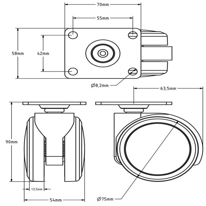 Zwart meubelwiel 75 mm - plaat 70x58 mm - 75 kg