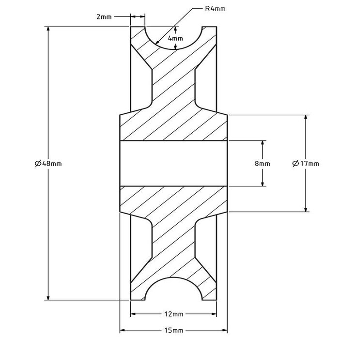 Kunststof kabelschijf 48 mm met U groef - 45 kg