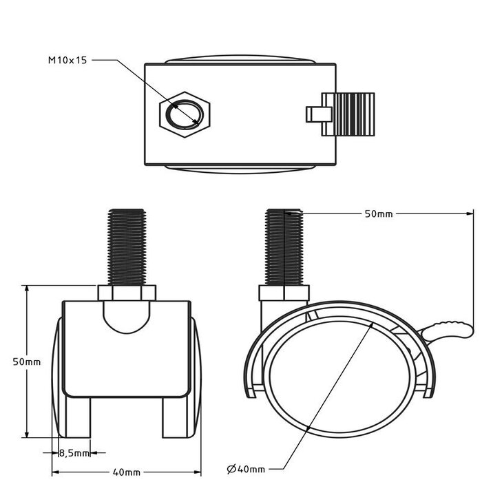 Zwart meubelwiel met rem 40 mm - M10 - 25 kg