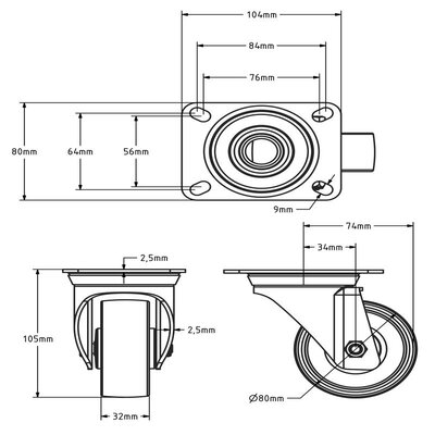 Nylon zwenkwiel 80 mm - rollager - 130 kg