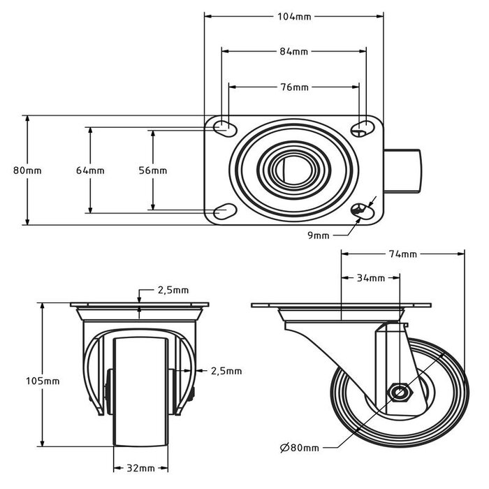 Nylon zwenkwiel 80 mm - rollager - 125 kg