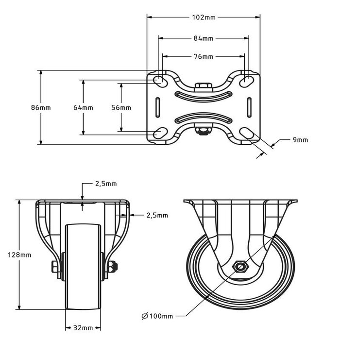 PU bokwiel 100 mm - rollager - 150 kg
