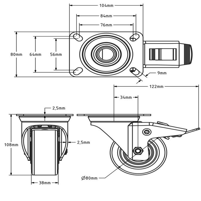 Rubber zwenkwiel met rem 80 mm - kogellager - 120 kg