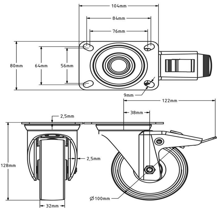 Nylon zwenkwiel met rem 100 mm - rollager - 200 kg