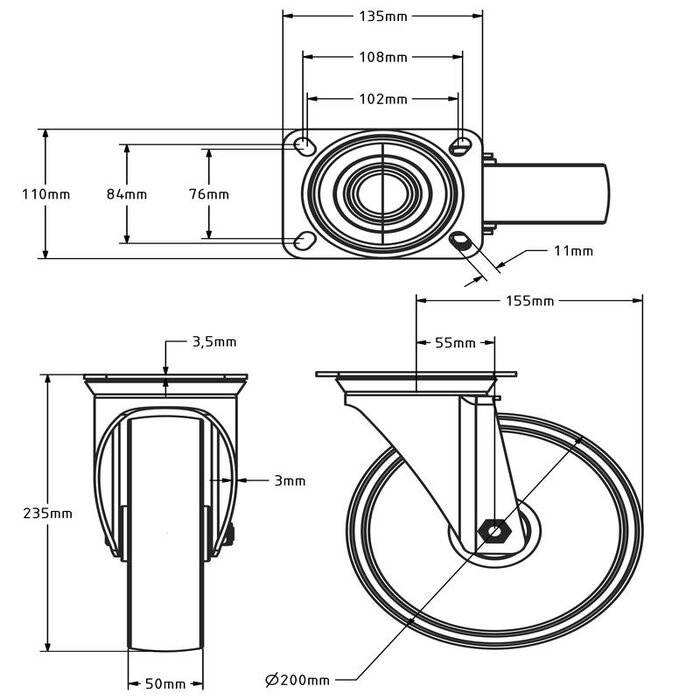 Nylon zwenkwiel 200 mm - rollager - 350 kg