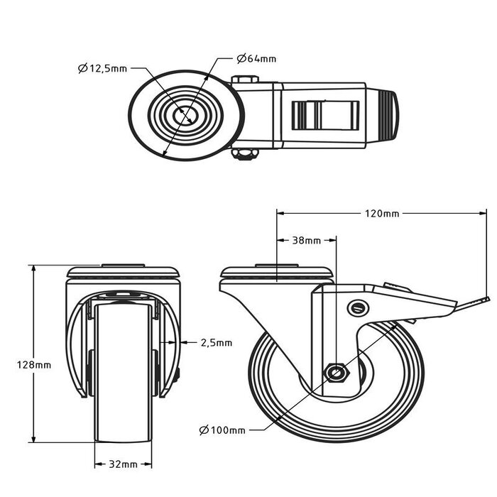 Nylon zwenkwiel met rem 100 mm - rollager - 200 kg