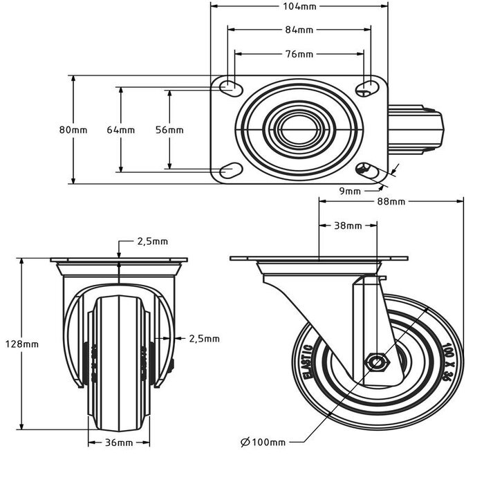 Rubber zwenkwiel 100 mm - rollager - 160 kg
