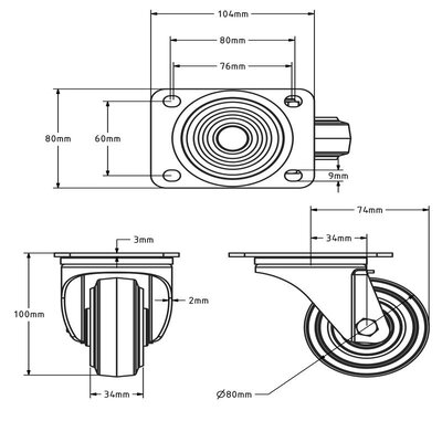 Zwart zwenkwiel 80 mm - rollager - 100 kg