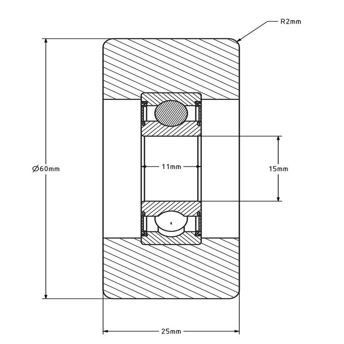 Geleiderol 60x25 mm - polyurethaan - 150 kg