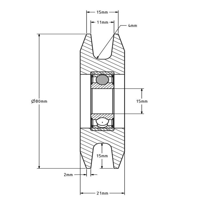 Kunststof kabelschijf 80 mm met U groef - 245 kg