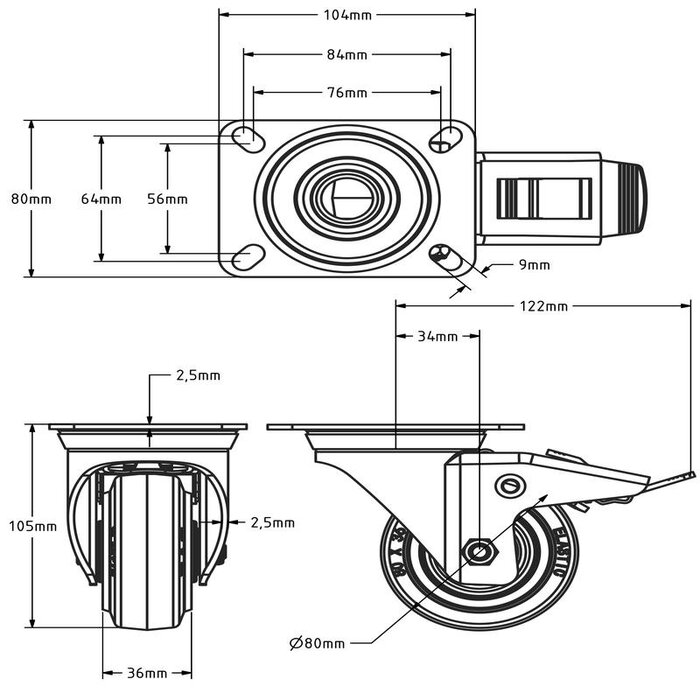 Rubber zwenkwiel met rem 80 mm - rollager - 110 kg