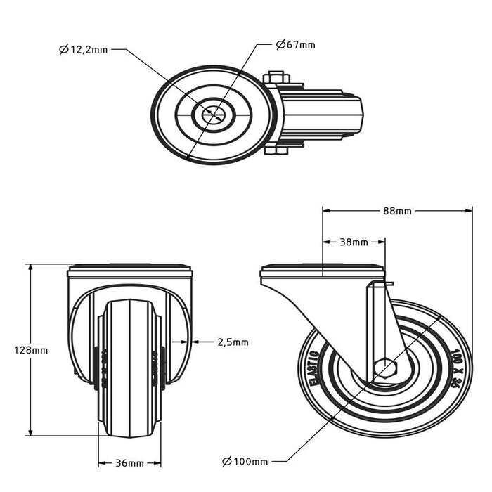 Rubber zwenkwiel 100 mm - 160 kg