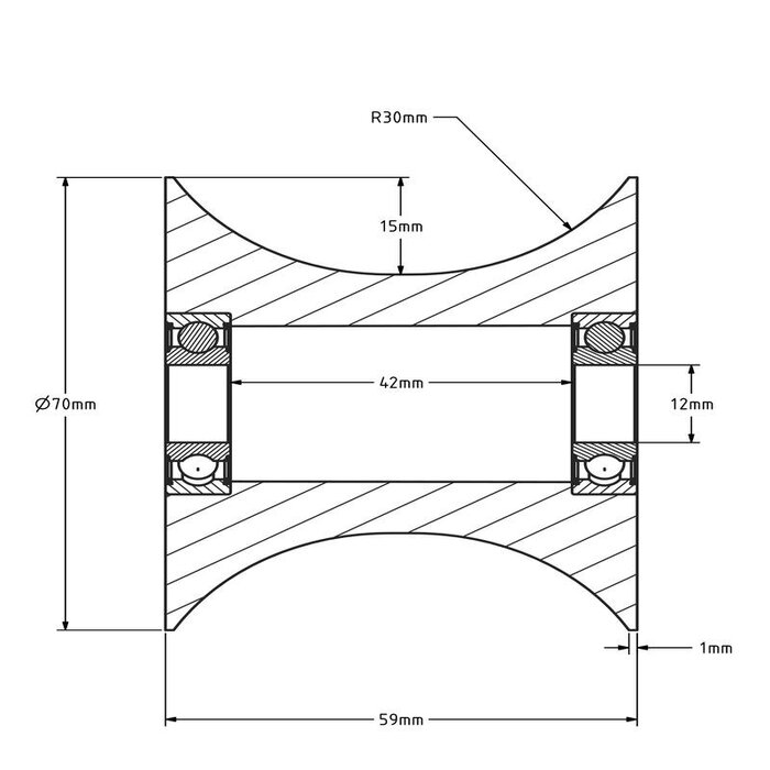 Kunststof diabolorol 70 mm - asgat 12 mm - 100 kg