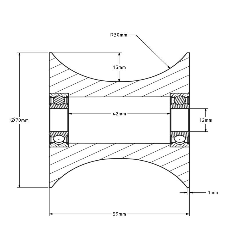 Kunststof diabolorol 70 mm - asgat 12 mm - 100 kg