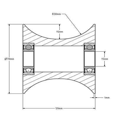 Kunststof diabolorol 70 mm - asgat 15 mm - 100 kg