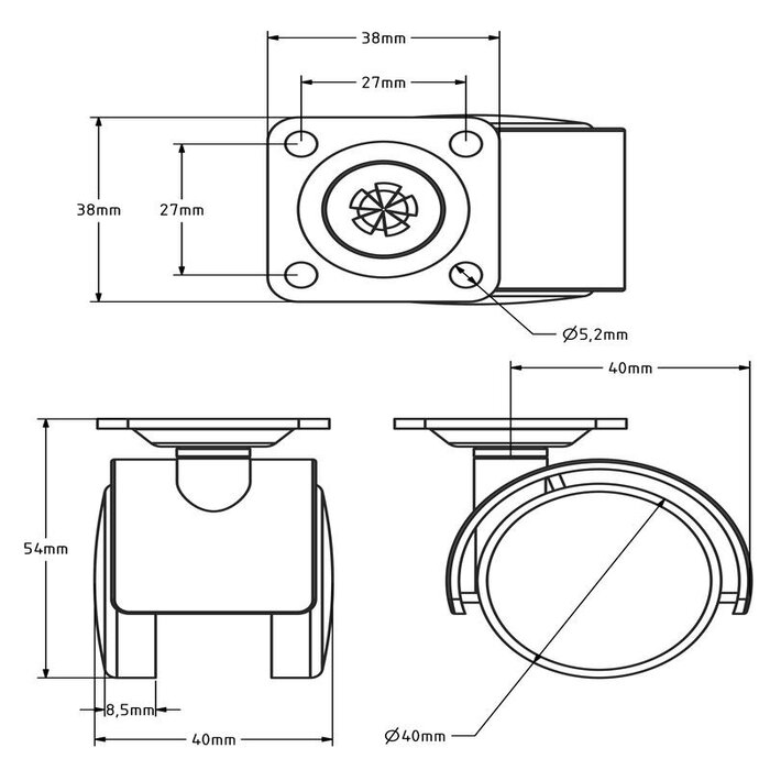 Zwart meubelwiel 40 mm - 38x38 - 25 kg