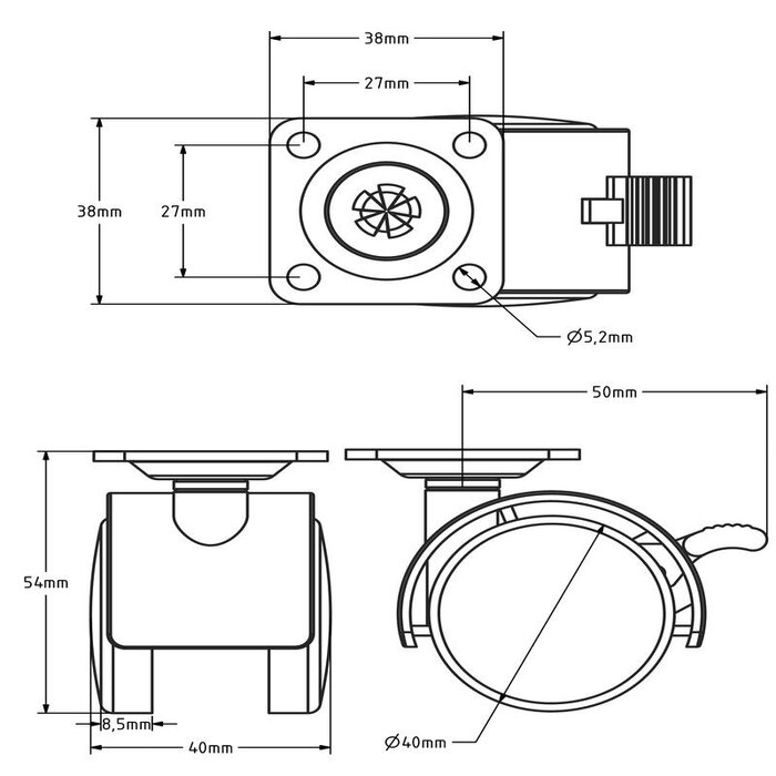 Zwart meubelwiel met rem 40 mm - 38x38 - 25 kg
