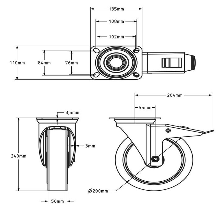 Rubber zwenkwiel met rem 200 mm - kogellager - 400 kg