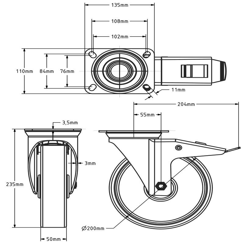 Zwart polyurethaan zwenkwiel met rem 200 mm - 400 kg