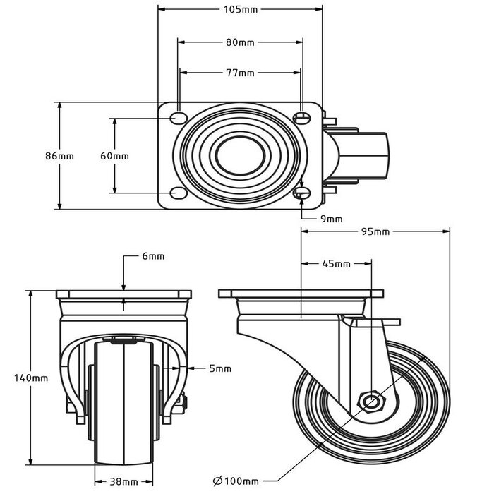 Nylon zwenkwiel 100 mm - kogellager - 600 kg