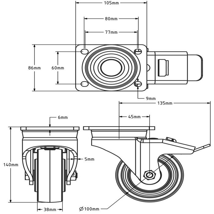 Nylon zwenkwiel met rem 100 mm - kogellager - 600 kg