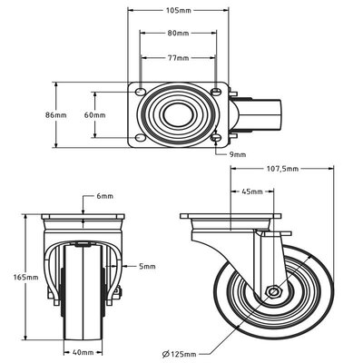 Nylon zwenkwiel 125 mm - kogellager - 700 kg