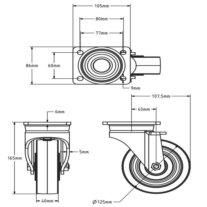 Nylon zwenkwiel 125 mm - kogellager - 700 kg